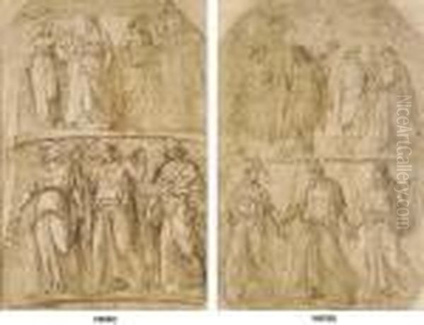 Two Friezes Of Figures: Three
Dancing Maidens In The Lower Register And Three Women Holding A Lyre And
Weapons With A Male Draped Figure In The Upper Register (recto); Two
Friezes Of Figures: Three Dancing Maidens In The Lower Register And Two
Cou - view 1