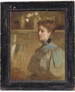 Portrait Of A Young Lady,
Quarter-length, In A Blue Dress, In Aninterior With Flowers Beyond by John Singer Sargent