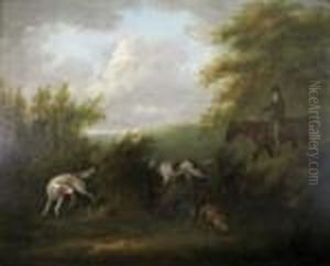 Sportsmen With Setters And Hare In A Wooded Landscape