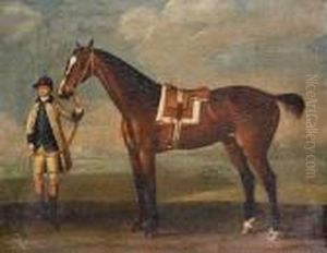 A Saddled Racehorse And Groom