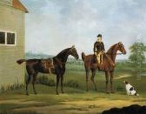 A Chestnut And A Bay Hunter With A Groom And Spaniel by John Nost Sartorius