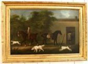Huntsmen, Horses And Hounds By A Stable