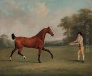 A Bay Hunter With A Groom, In A
Wooded Landscape; And A Saddled Bayhunter Held By A Groom, In A Wooded
Landscape by John Nost Sartorius