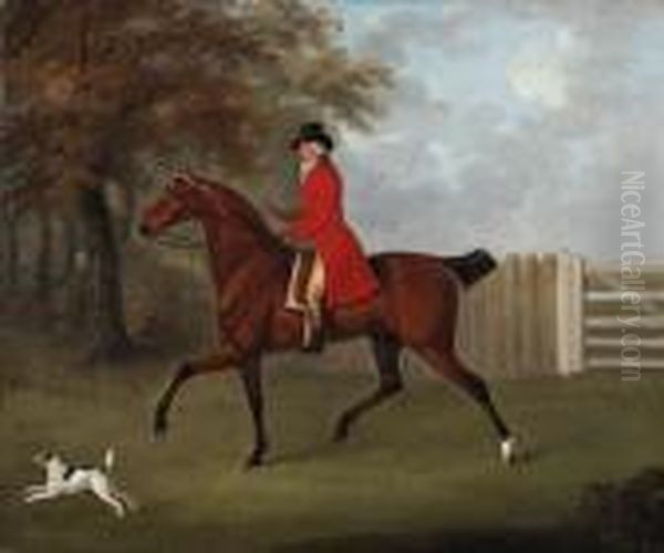 James Drake-brockman, Of
Beachborough, Kent, On A Bay Hunter, Witha Terrier, In A Wooded
Landscape - view 1