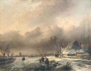 A Dutch winter landscape with villagers on the ice by Jan Jacob Spohler