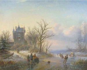A sunny winter's day with skaters by a castle by Jan Jacob Spohler