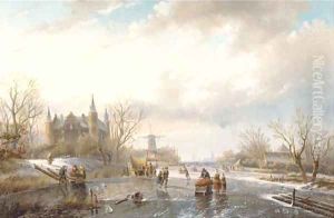 Skaters and figures by a koek en zopie on a sunny day, a castle nearby by Jan Jacob Spohler
