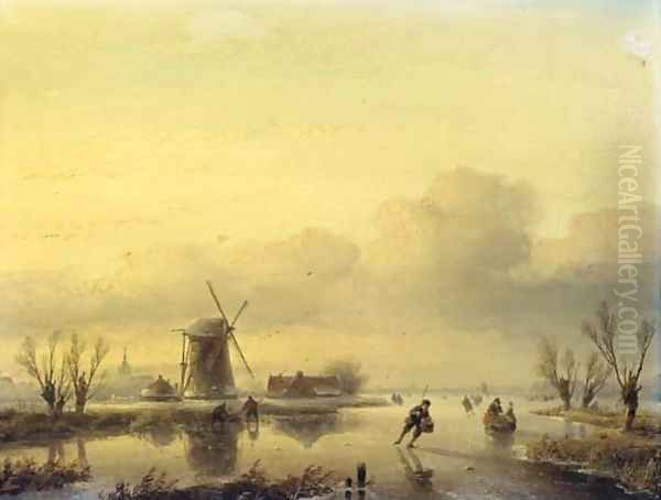 A winter landscape with figures on a frozen waterway - view 1
