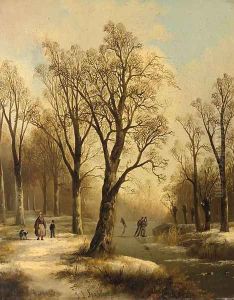 A forest in winter with skaters on a frozen waterway