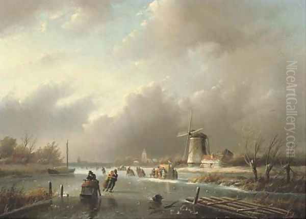 Ice-skating on a frozen river in winter - view 1