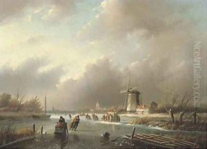 Ice-skating on a frozen river in winter
