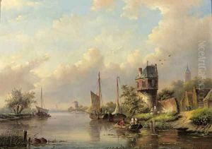 Sailing vessels on a river in summer by Jan Jacob Spohler