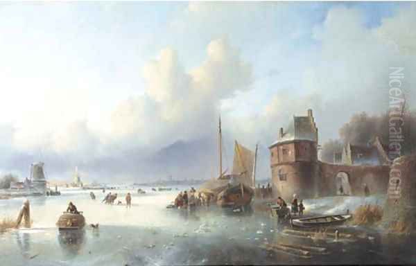 A winter landscape with numerous skaters on a frozen waterway, Dordrecht in the distance - view 1