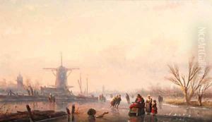 A winter landscape with skaters and horse-drawn sledge by windmill on frozen river by Jan Jacob Spohler