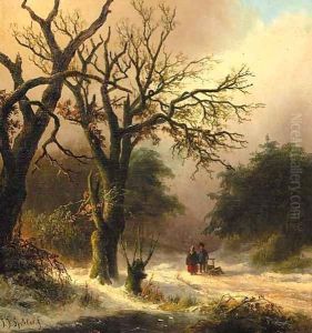 Travellers in a winter forest by Jan Jacob Spohler