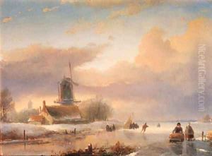 A winter landscape with skaters near a koek-en-zopie by Jan Jacob Spohler