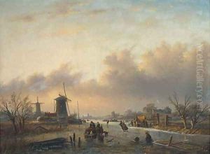 Skaters on a Dutch waterway before windmills at dusk
