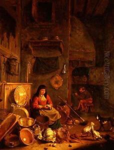 A Kitchen Interior with a Woman Peeling Potatoes beside a Dog, a Man Smoking in front of a Fire beyond