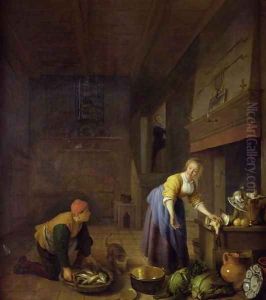 A kitchen with a kitchenmaid preparing poultry and a fishmonger delivering fish by Hendrick Maertensz. Sorch (see Sorgh)