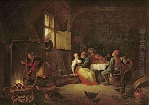 Peasants merrymaking at table in a cottage kitchen by Hendrick Maertensz. Sorch (see Sorgh)