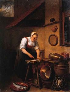 A maid standing by a table cleaning fish, pots, pans and cabbages on a barrel nearby, in a farmyard