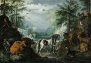 Paradisiacal Landscape With Animals And Saint Hubertus. Paradisiacal Landscape With Animals And Saint Hubertus.