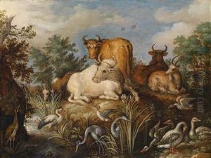 Tiere Ineiner Bewaldeten Landschaft by Roelandt Jacobsz Savery