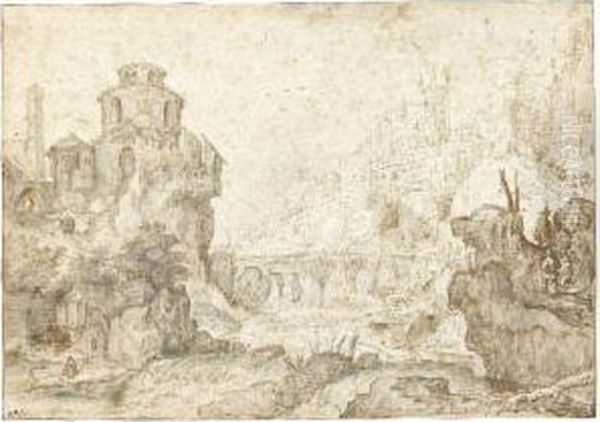 Mountainous River Landscape With
 The Hradcany And The Cathedral Ofst Vitus, Prague, Behind - view 1
