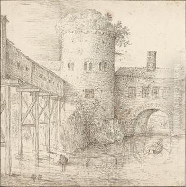 A Mill With A Fortified Bridge, A Rowing Boat In The Foreground - view 1