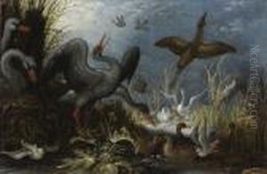 Swans, Storks And Other Birds In A River Landscape