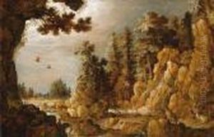 Deer In A Mountainous River Landscape by Roelandt Jacobsz Savery