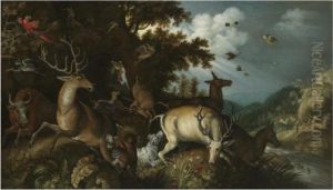 A Wooded River Lanscape With Stags Chased By Huntsmen And Theirdogs by Roelandt Jacobsz Savery