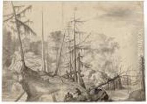 A Rocky Landscape With Two Huntsmen And A Dog By Fallen Firtrees A Rocky Landscape With Two Huntsmen And A Dog By Fallen Firtrees