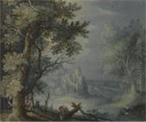A Wooded Landscape With A
Fortified Settlement In The Distance And Figures In The Foreground - view 1