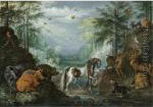 A Paradise Landscape With A
Skewbald, Heifers, Stags, A Lion, A Dog, Goats, Parrots And Other
Animals, The Conversion Of St. Hubert Beyond - view 1