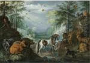 A Paradise Landscape With A 
Skewbald, Heifers, Stags, A Lion, A Dog, Goats, Parrots And Other 
Animals, The Conversion Of St. Hubert Beyond