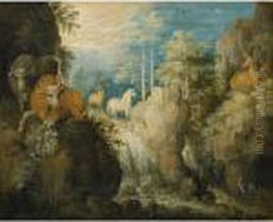Rocky Forest River Landscape
With Heifers Horses And Deer Beside A Waterfall by Roelandt Jacobsz Savery