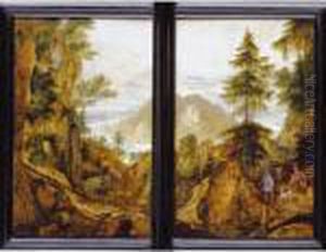A Pair Of Landscapes With A Hunter And Travellers On An Alpine Pass, Framed As One by Roelandt Jacobsz Savery