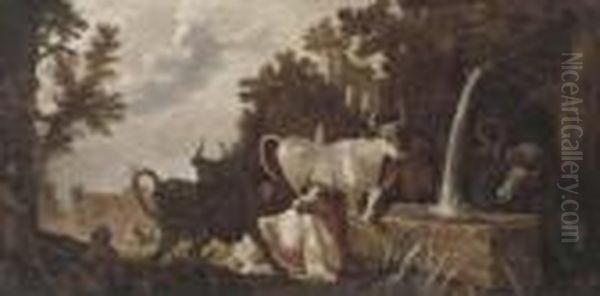 A Classical Wooded Landscape
With Peasants By A Cottage And Cattleat A Drinking Trough, A Village
Beyond - view 1