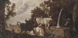A Classical Wooded Landscape
With Peasants By A Cottage And Cattleat A Drinking Trough, A Village
Beyond by Roelandt Jacobsz Savery