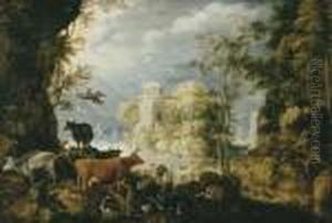 A Wooded Landscape With Cows, Birds And Other Animals By A Lake, With A Village Beyond by Roelandt Jacobsz Savery