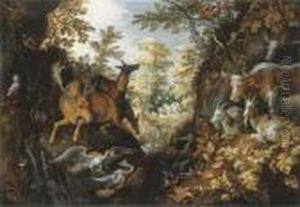 A Stag, Deers, Herons, Goats, Parrots And Other Animals In Aforest by Roelandt Jacobsz Savery
