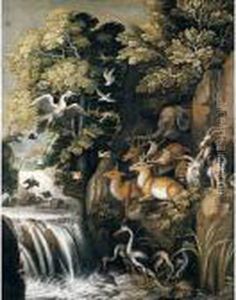 A River Landscape With Deer,
Elephants, Lions, Goats And Other Animals And Birds Beside A Waterfall by Roelandt Jacobsz Savery