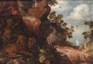 Lions Resting In A Wooded Glade 
With A Parrot, Animal Bones And A Waterfall Nearby, Two Leopards On The 
Bank Beyond