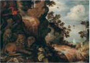 A Rocky Landscape With A Lion, Leopards And Birds by Roelandt Jacobsz Savery