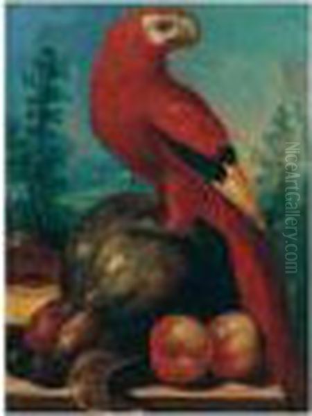 Still Life Of A Macaw Together
With Melons, Peaches And Plums, Upon A Stone Ledge, A Wooded Landscape
Beyond - view 1