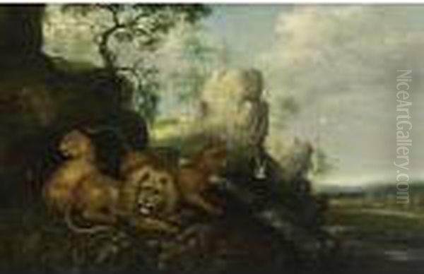 A Lion, A Lioness And A Leopard
In A Mountainous Wooded Landscape With Macaws And Birds Near A Waterfall
And A Deer And A Goat Grazing In A Meadow Nearby - view 1