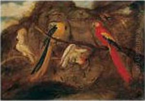 A Scarlet And Blue And Gold
Macaw With Sulphur-crested Cockatoos And Other Birds, In A Landscape by Roelandt Jacobsz Savery