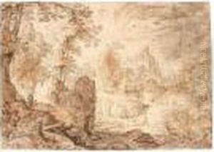 A Forested Mountain Landscape
With Pilgrims On A Road To The Left And A Distant Hilltop Castle by Roelandt Jacobsz Savery