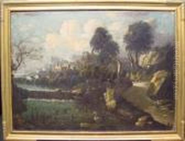 Landscape With Stork And Geese In Foreground And Monestary In Thedistance - view 1